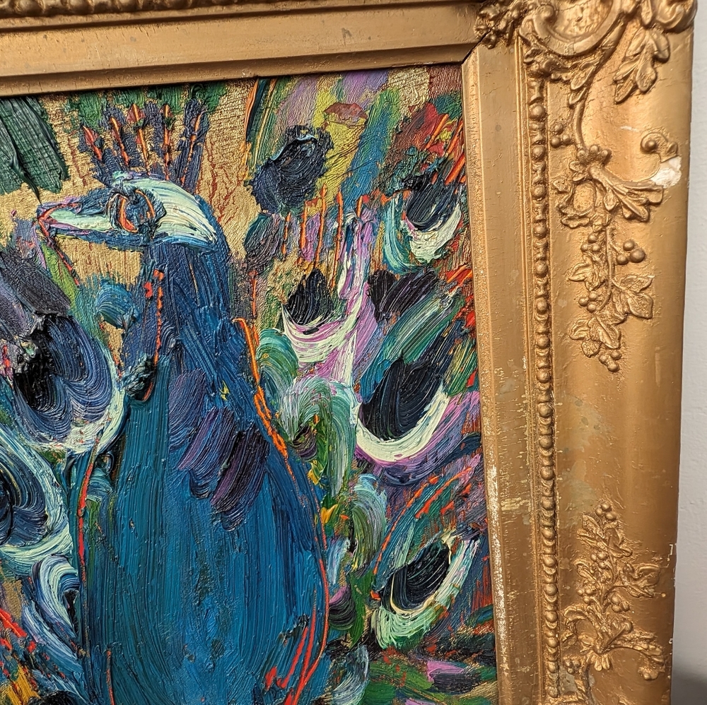 Oil on canvas peacock painting by Hunt Slonem.  11" x 14".  Painted 2011. - Picture 3 of 15